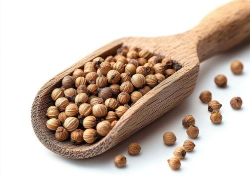 wooden scoop filled with whole coriander seeds and scattered seeds on white background, warm rustic aromatic kitchen mood