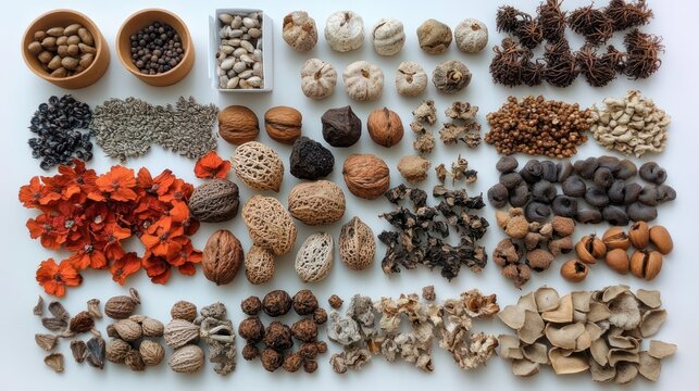 Flat lay of assorted dried nuts, seeds, pods, whole spices, small bowls and orange dried petals arranged on white background, evoking a calm, earthy, autumnal mood