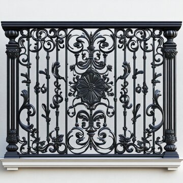 ornate black wrought iron balcony railing with central floral rosette medallion, scrolling filigree, vertical balusters framed by fluted posts on a white wall, elegant classical mood