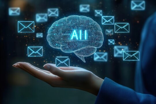 open hand presenting a glowing holographic ai brain surrounded by floating email envelope icons, evoking futuristic connectivity and empowered digital communication