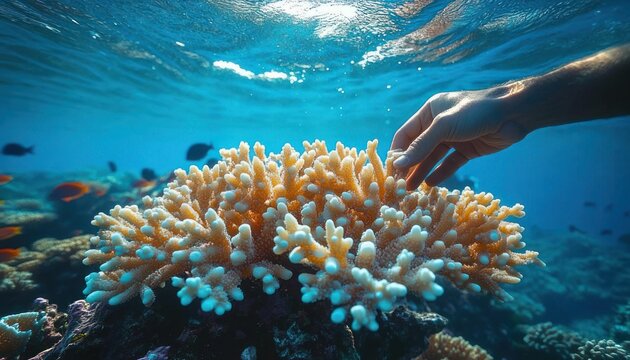 human hand gently touching branching coral reef beneath clear turquoise water with small tropical fish and sunlit surface, evoking quiet wonder and care