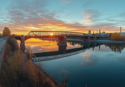 Tranquil sunrise over a metal truss bridge spanning a calm river with golden autumn trees, city skyline and colorful clouds reflected in the water