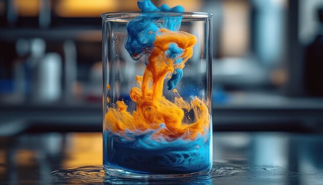 Vibrant orange and blue ink plumes swirling in a clear glass of water on a reflective surface, mesmerizing fluid motion and colorful abstract mixing