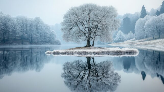 frost-covered lone tree on a small island mirrored in a glassy lake, surrounded by snow-dusted trees and misty hills, conveying serene calm and tranquil solitude