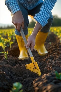 Close-up of hands digging rich soil with a small yellow spade among seedlings in a sunlit field, person in blue checkered shirt and yellow boots showing careful nurturing focus