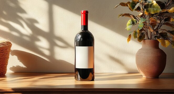 Sunlit red wine bottle with blank label on wooden tabletop between wicker basket and terracotta vase with foliage, warm inviting still life with soft afternoon shadows