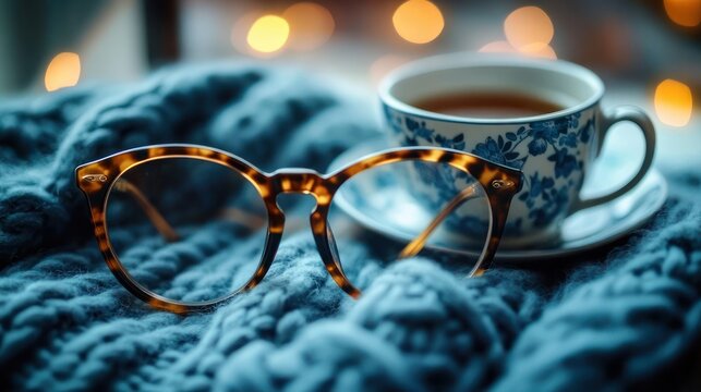 tortoiseshell glasses resting on a chunky knitted blanket beside a floral porcelain teacup of tea with warm bokeh lights creating a cozy relaxed atmosphere