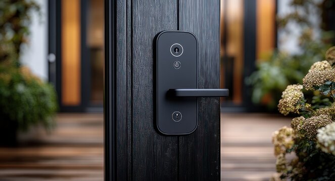 close-up of a sleek black smart door lock and lever on a dark wood front door with warm lit blurred entryway and garden plants, conveying security and a welcoming mood