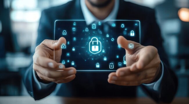 person in suit holding transparent tablet displaying glowing padlock holograms and network icons, conveying digital security and confidence