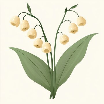 delicate cream lily of the valley with two large green leaves and drooping bell-shaped blossoms, serene botanical illustration