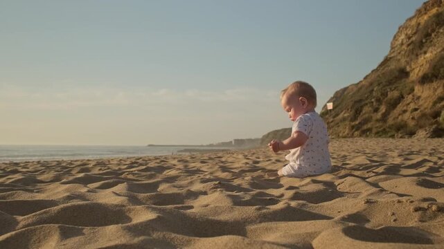 Slow motion: Baby is playing on the sea beach at sunset. Active, cheerful toddler plays along a sandy sea beach on sunny summer day. Little boy exploring the world on sand beach against  a blue ocean