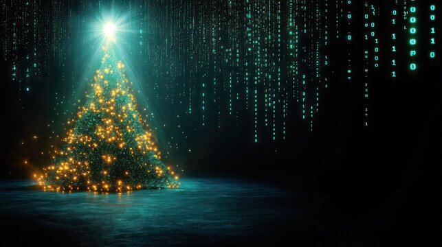 glowing digital christmas tree of golden lights beneath a bright star with cascading green binary code, festive and futuristic wonder