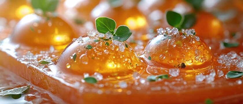close-up of glossy amber gel spheres on orange jelly with sea salt flakes and tiny green herb leaves, elegant and appetizing