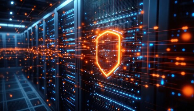 glowing neon shield in a high-tech server room with streaming orange data lines across cool blue racks, evoking secure, dynamic cybersecurity and vigilance