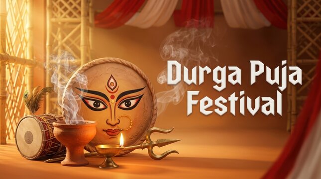 Durga puja festival banner design displaying divine goddess face mask dhak drum incense burner and diya light warm decor.