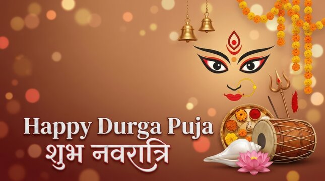 Happy durga puja card featuring divine goddess eyes trishula dhak drum conch lotus and marigold flowers on golden bokeh.