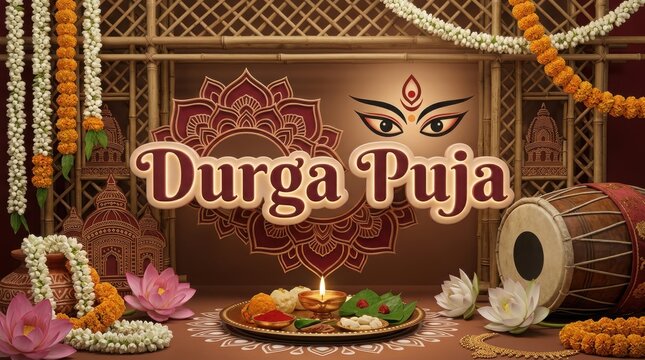 Durga Puja celebration banner with traditional dhak drum lit clay lamp and offering plate against bamboo background.