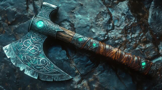ornate engraved battle axe with glowing turquoise gems and wrapped leather handle on dark wet stone, ancient mystical and powerful mood