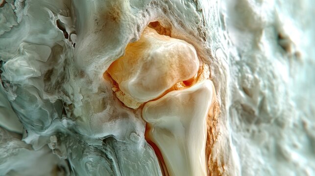 A close up of a bone with a yellowish tint. The bone is in a white background