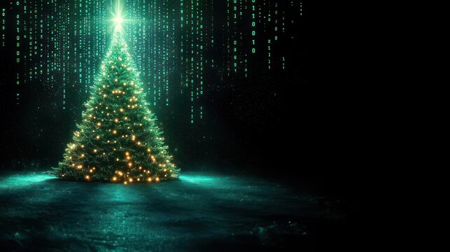 glowing green holiday tree with golden lights and star topper beneath cascading green binary code, serene futuristic festive atmosphere