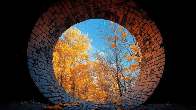 view through a circular brick tunnel to sunlit golden autumn trees and blue sky with fallen leaves on the tunnel floor, serene peaceful mood