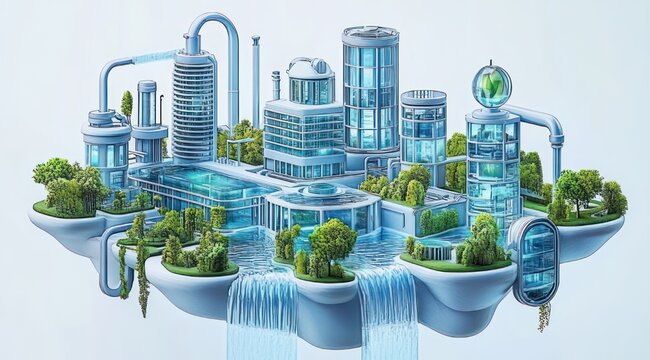 Serene futuristic floating glass city with modern towers, rooftop gardens, trees, water channels and cascading waterfalls on interconnected floating islands