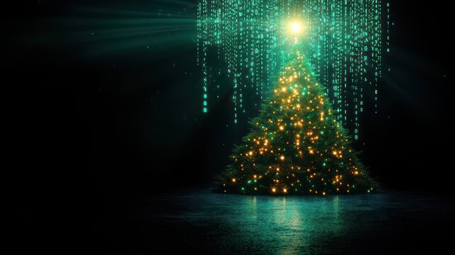 glowing holiday evergreen with golden lights and star topper beneath cascading green digital code reflected on a wet surface, futuristic festive and magical mood