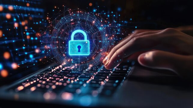 Hands typing on a backlit laptop keyboard with a glowing digital padlock hologram, network nodes and circuitry conveying futuristic cybersecurity and protected data