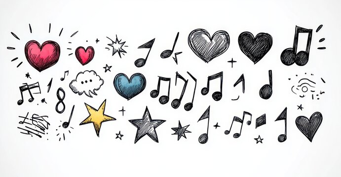 colorful hand-drawn doodles of hearts, musical notes, stars, speech cloud and scribbles conveying playful cheerful energy