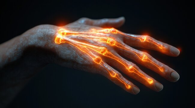 Eerie glowing human hand with illuminated orange skeletal lines tracing bones and joints, textured skin against a dark background emitting mysterious intense energy