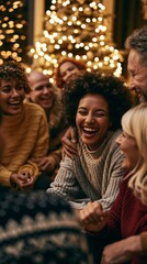 Fototapeta premium Diverse Close Friends Celebrating Christmas Together Around a Decorated Tree in a Warm Contemporary Living Room