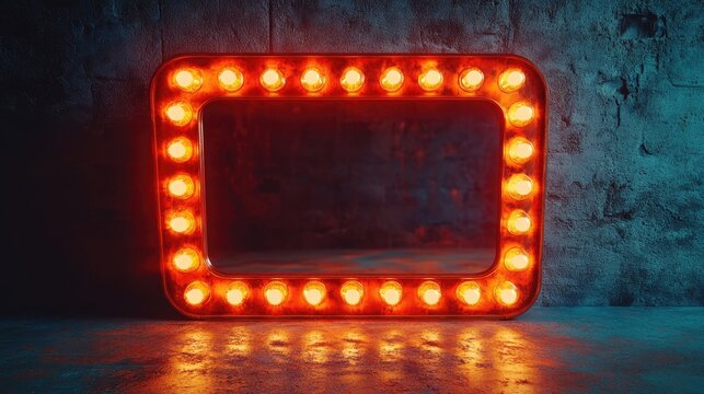A large, lit up mirror with a spotlight on it. The mirror is empty, but the lights are on, creating a dramatic and theatrical atmosphere