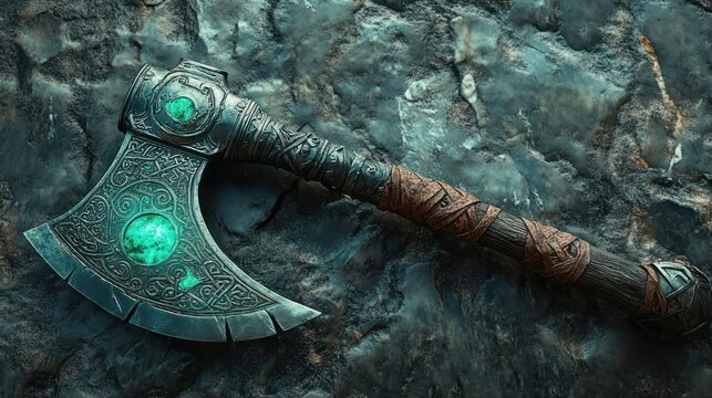 ornate engraved battle axe with glowing green gemstones and leather-wrapped wooden handle resting on rough stone, mysterious and powerful