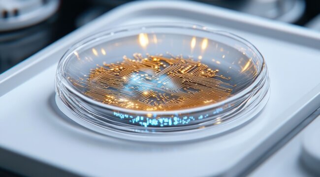 glass petri dish with golden microcircuit pattern on a white laboratory tray, soft led reflections conveying futuristic scientific precision and innovation