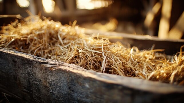 golden hay piled in a wooden trough inside a sunlit rustic barn, warm cozy nostalgic mood