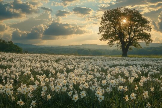Expansive field of white daffodils beneath dramatic clouds with a lone tree backlit by warm golden sun, a peaceful and serene spring meadow at golden hour