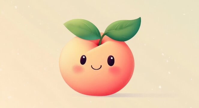 happy smiling peach with rosy cheeks, two green leaves and soft shadow on a pastel background