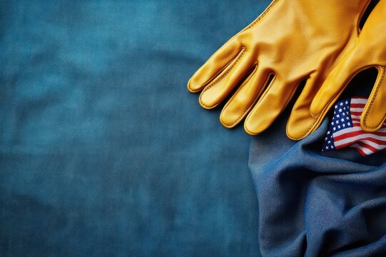 yellow leather work gloves resting on blue fabric with a small american flag peeking out, evoking a protective hardworking mood