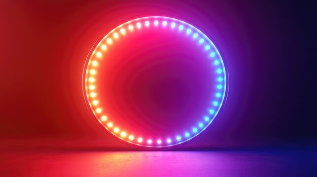 A neon sign with a red and blue circle in the middle. The circle is lit up with different colors