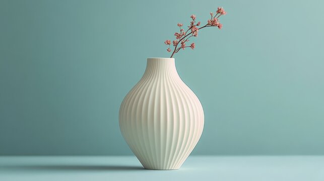 white ribbed ceramic vase holding a single delicate pink blossom branch on a teal background, minimalist and serene