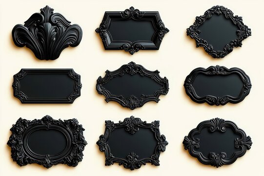 nine ornate black baroque-style decorative plaques and frames on light background conveying elegant dramatic luxury