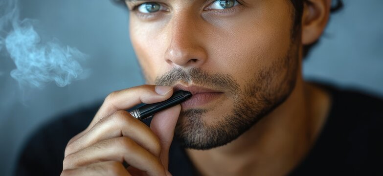 Close-up of a contemplative young man with stubble holding a vape to his lips, green eyes focused, soft smoke curling against a blurred cool-toned background