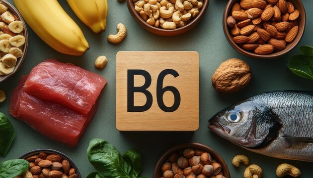Wooden block labeled B6 surrounded by fresh whole fish, tuna steaks, bananas, bowls of mixed nuts, spinach leaves and walnut halves conveying health and vitality