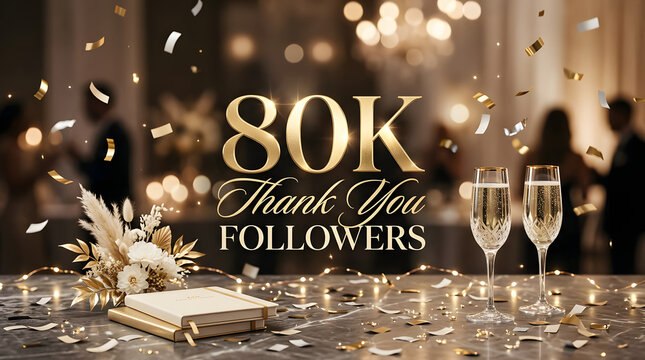 80K Thank You Followers Celebration With Champagne, Confetti and Elegant Gold Party Decor

