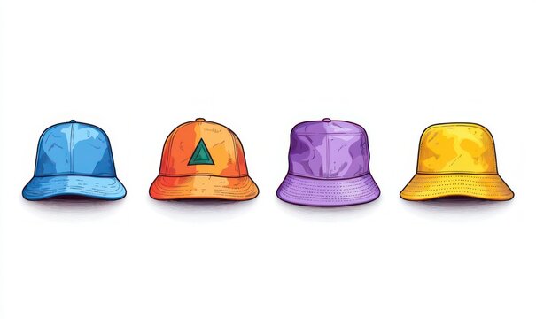 Four colorful illustrated hats in a row: blue baseball cap, orange cap with green triangle emblem, purple bucket hat, and yellow bucket hat with a playful cheerful vibe
