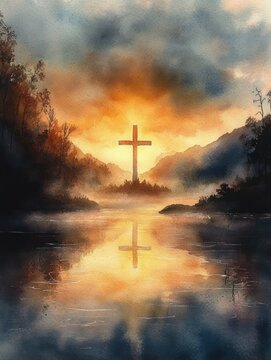 Solitary wooden cross on a misty lake shore at sunrise with glowing orange sky and perfect mirrored reflection, surrounded by tree-lined hills in a peaceful, contemplative scene