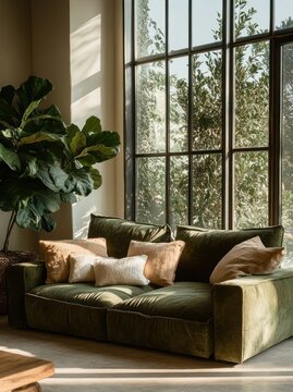 Cozy sunlit living room with plush green velvet sofa, soft beige and cream pillows, tall fiddle leaf fig plant, large black grid window overlooking leafy trees, warm tranquil atmosphere