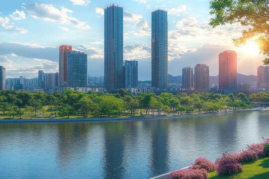 Sunlit modern city skyline with twin skyscrapers, river reflections, green park and pink flowers at calm waterfront, serene golden hour atmosphere