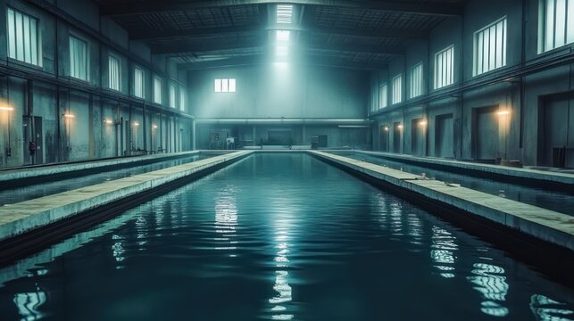 quiet, mysterious industrial water hall with long central pool, concrete walkways, high windows and a skylight beam casting reflective light