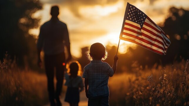 Young child holding an American flag walking through a golden field at sunset with an adult and smaller child in silhouette, warm nostalgic and patriotic family moment